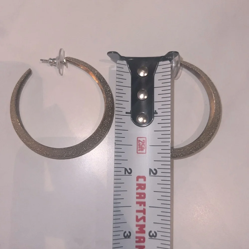 Gold sparkle textured hoops stud backing earrings open hoop 1.75” womens jewelry